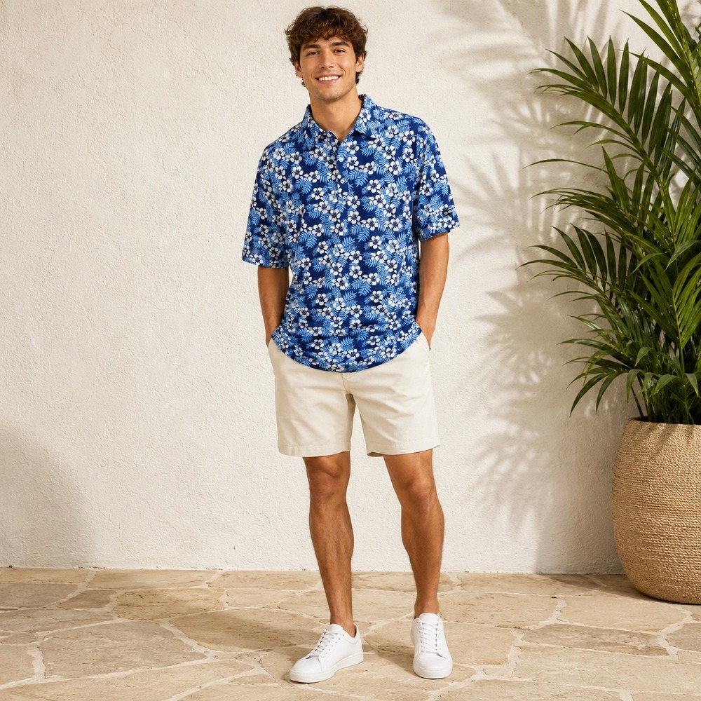 Mens Hawaiian Floral Polo Shirt Blue Tropical Resort Coastal‎ Vacation Golf XL